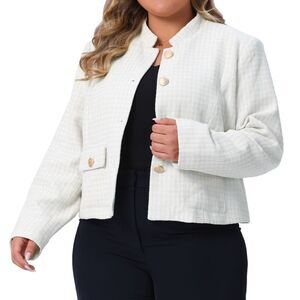 Plus Size Tweed Long Sleeve Casual Cropped Jacket with Pockets White